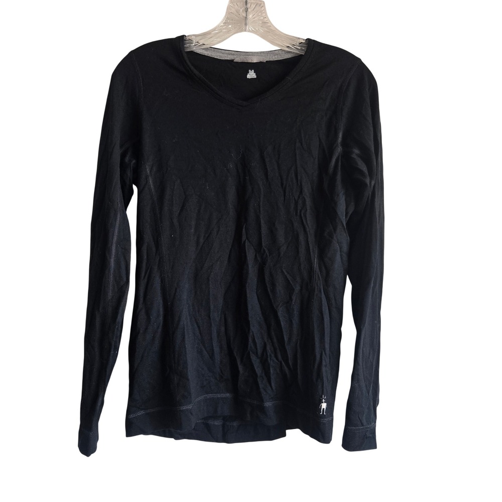 Smartwool M Base Layer Top Womens Black Excellent Merino Wool V-Neck Long Sleeve